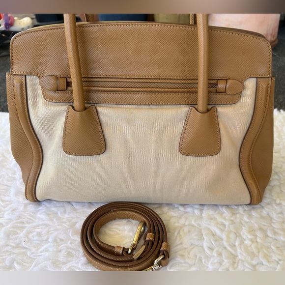 Prada Cuir Frame Convertible Tote Canvas And Saffiano Leather Bag - Picture 2 of 14